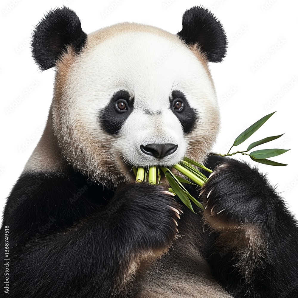 Fototapeta premium Detailed Realistic Image of a Panda Eating Bamboo, Transparent Background