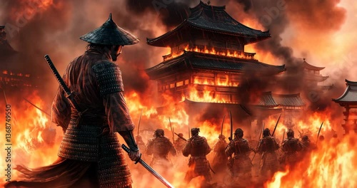 Samurai's Stand Amidst Flames: A lone samurai warrior, armed and resolute, stands against a backdrop of a burning ancient temple, smoke rising into the sky, amidst a historical battle scene.