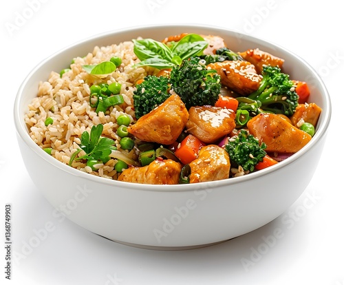 Chicken teriyaki bowl with brown rice, broccoli, carrots, green peas and sesame seeds in a white bowl. Studio food photography. Asian cuisine and healthy meal concept. Design for poster, print, banner