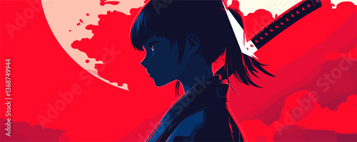 Samurai woman silhouette with sword against red moon background, vector