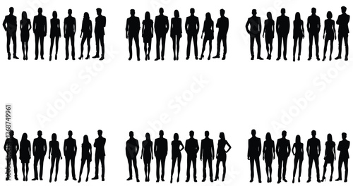 Silhouettes of Diverse Group Black Figures of Men and Women Standing on White Background