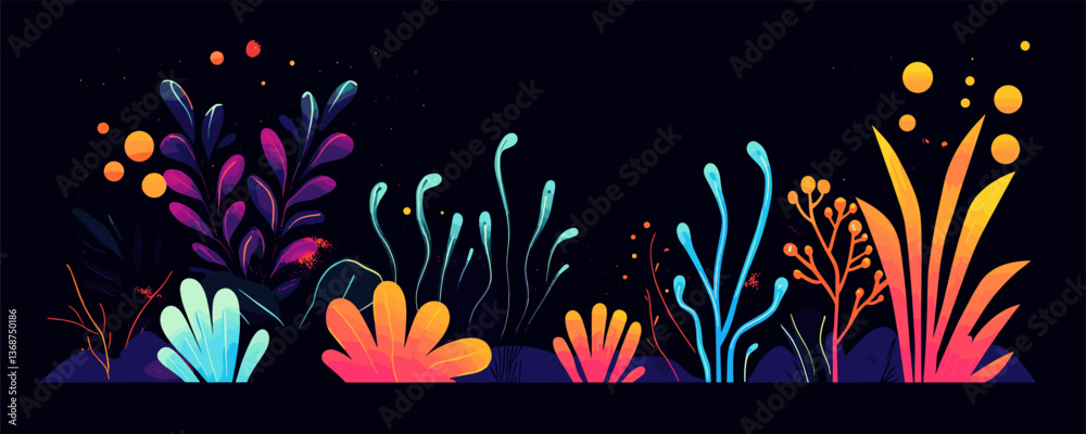 Vibrant underwater scene with colorful abstract plants on dark background, vector