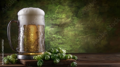 Refreshing Beer Mug with Hop Cones on Wooden Table