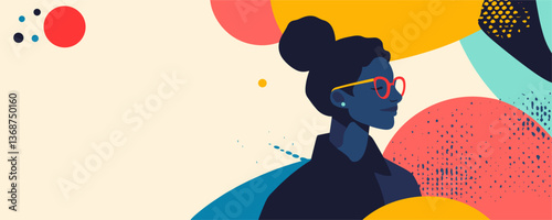 Stylish woman with glasses and abstract shapes in colorful art - vector
