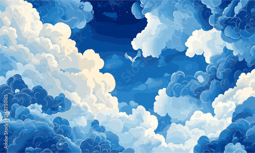 Majestic sky with white bird amidst puffy clouds, deep blue backdrop, vector