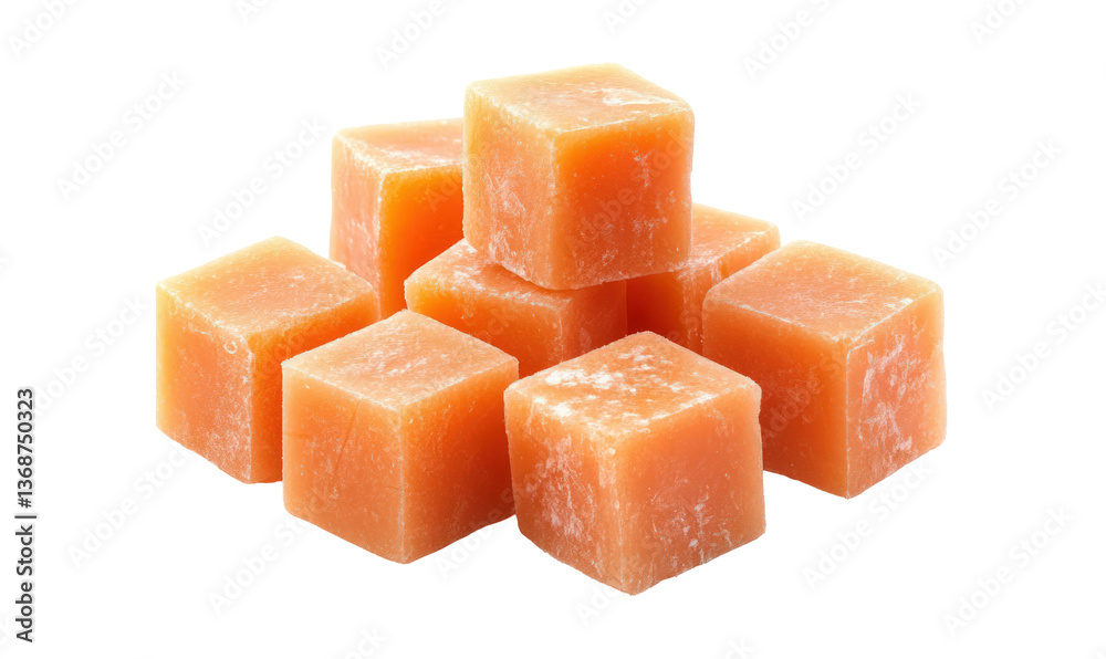 Stacked orange fudge cubes on transparent background, ideal for food blogs Stacked orange fudge cubes on transparent background, ideal for food blogs