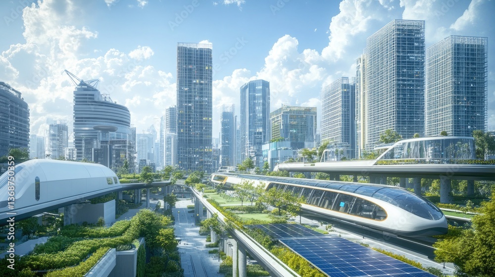Fototapeta premium A sleek smart city with integrated green spaces, sustainable urban planning, solar panels, and smart technology regulating energy consumption, all visible in a vibrant daytime scene.