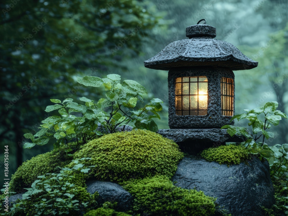 Beautiful Rock Garden with Lantern and Moss in a Botanical Landscape Beautiful Rock Garden with Lantern and Moss in a Botanical Landscape