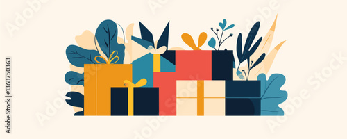 Colorful gift boxes with leaves and florals on light background vector