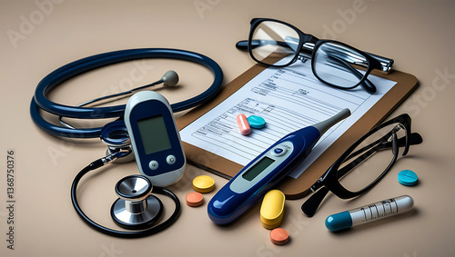 Medical Equipment and Medication on Clipboard