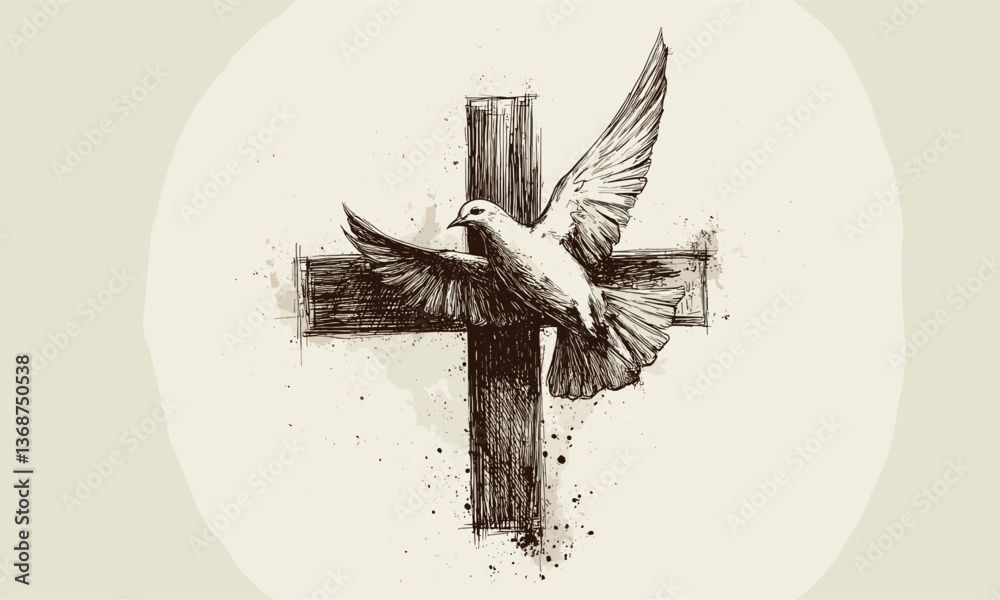 Graceful dove flying over cross in hand-drawn style - vector