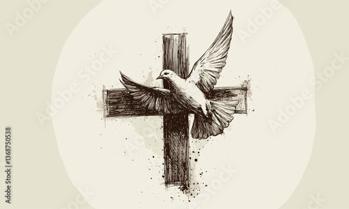 Obraz na płótnie Graceful dove flying over cross in hand-drawn style - vector w salonie