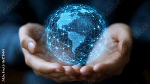 Hands holding glowing global network.