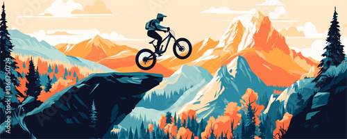 Mountain biker in mid-air against scenic mountain view at sunset – vector
