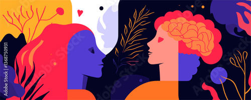 Abstract artistic dual perspective of two faces with nature elements - vector
