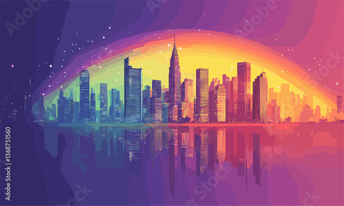 Vibrant rainbow sky over city skyline reflections at dusk, vector