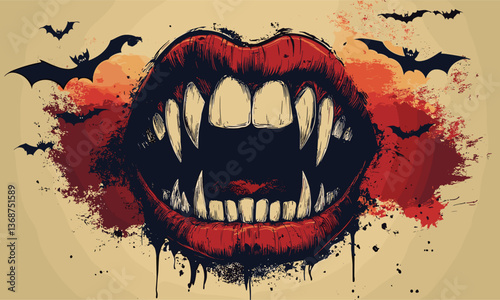 Fierce vampire mouth with fangs and bats - vector