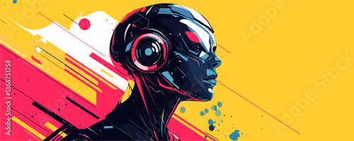Futuristic cybernetic woman with headphones in colorful abstract art - vector