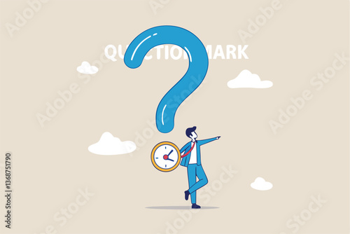 Open ended question, asking questions to encourage new idea, guidance for solution or solving problem, decision to reply or answer concept, businessman with question mark compass guidance for answer.