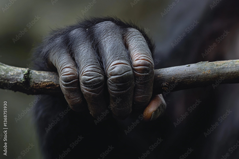Close-up of a chimpanzee hand gripping a branch in a natural habitat during daylight hours