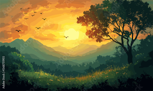 Scenic sunset over mountain landscape with birds and tree silhouette - vector