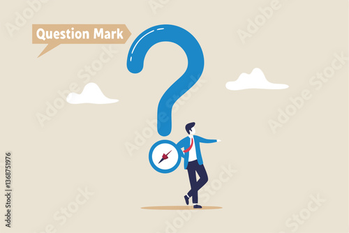Open ended question, asking questions to encourage new idea, guidance for solution or solving problem, decision to reply or answer concept, businessman with question mark compass guidance for answer.