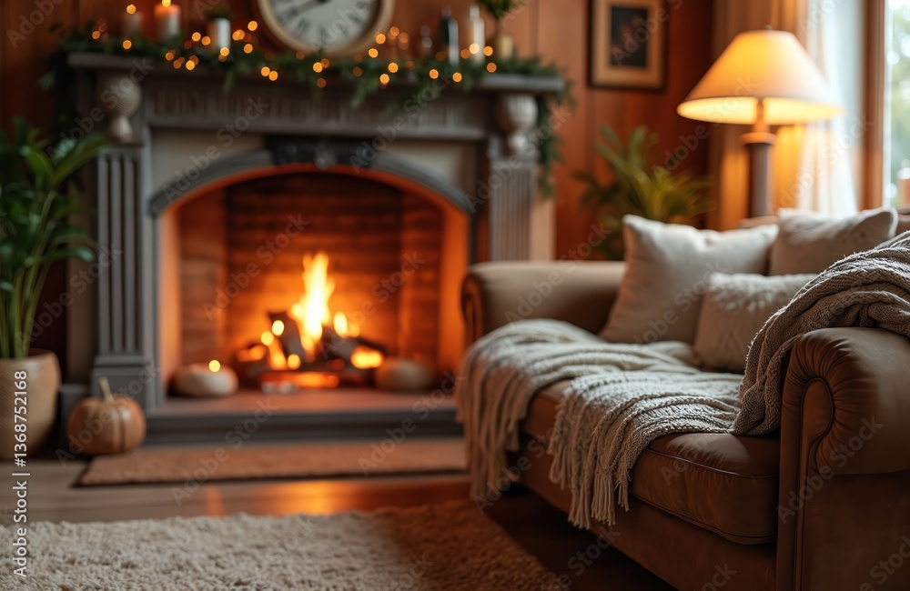 Fototapeta premium Cozy living room with warm fireplace, brown leather sofa, soft blanket. Home interior with hearth, lounge, snug, intimate, inviting atmosphere. Comfortable cushions, rug, lamp, peaceful atmosphere.