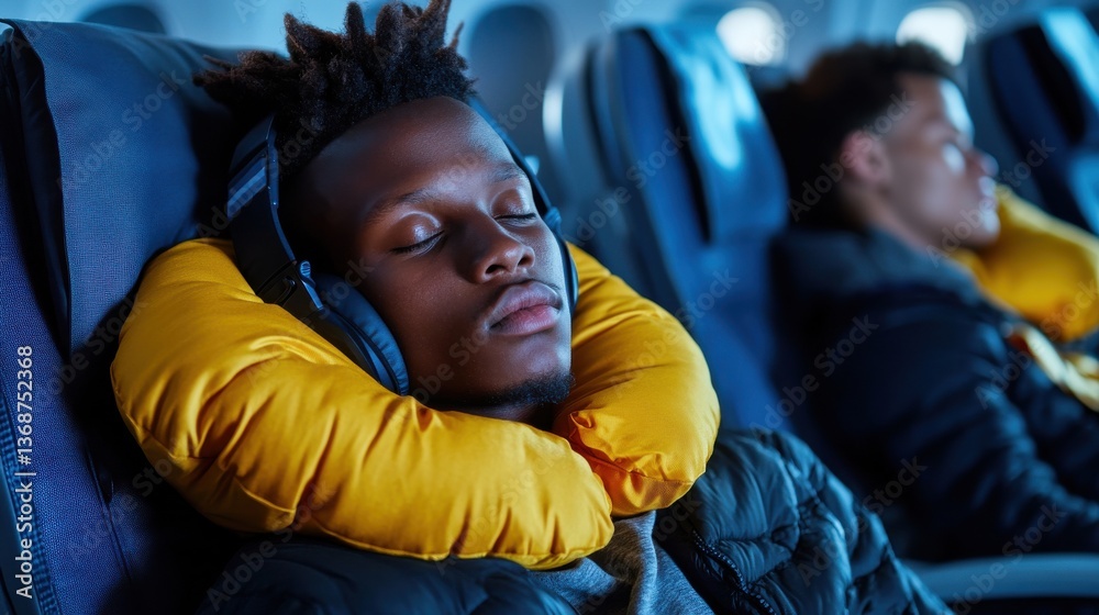 Fototapeta premium A man with a yellow pillow on his head is sleeping on a plane