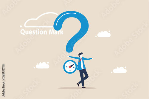 Open ended question, asking questions to encourage new idea, guidance for solution or solving problem, decision to reply or answer concept, businessman with question mark compass guidance for answer.