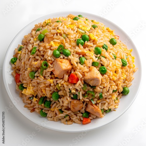 Fried rice with chicken, green peas, scrambled egg, and vegetables served on white plate. Studio food photography. Asian cuisine and lunch concept.

