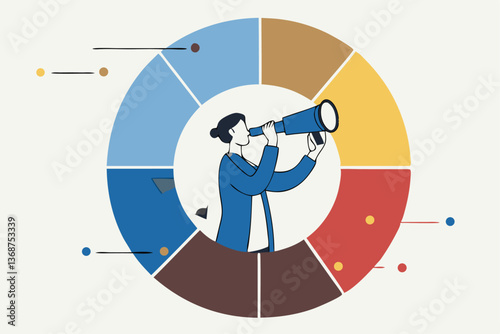 Marketing strategy, data analysis chart and graph, financial forecast or stock market diagram, research data or investment planning concept, businessman on pie chart looking thorough binoculars.