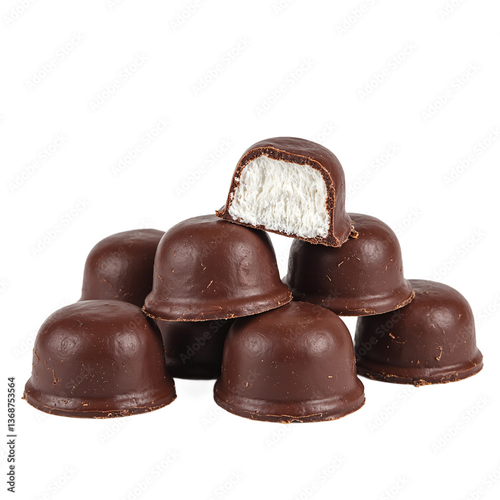 Delicious chocolate covered marshmallows one split open to reveal fluffy white interior isolated on white background Delicious chocolate covered marshmallows one split open to reveal fluffy white interior isolated on white background