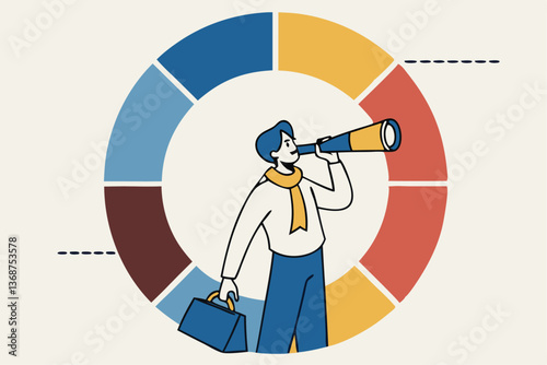 Marketing strategy, data analysis chart and graph, financial forecast or stock market diagram, research data or investment planning concept, businessman on pie chart looking thorough binoculars.
