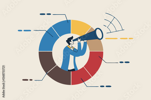 Marketing strategy, data analysis chart and graph, financial forecast or stock market diagram, research data or investment planning concept, businessman on pie chart looking thorough binoculars.