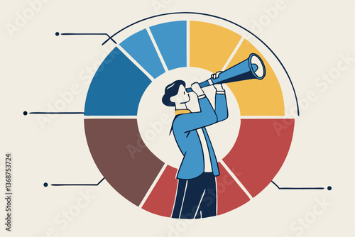 Marketing strategy, data analysis chart and graph, financial forecast or stock market diagram, research data or investment planning concept, businessman on pie chart looking thorough binoculars.