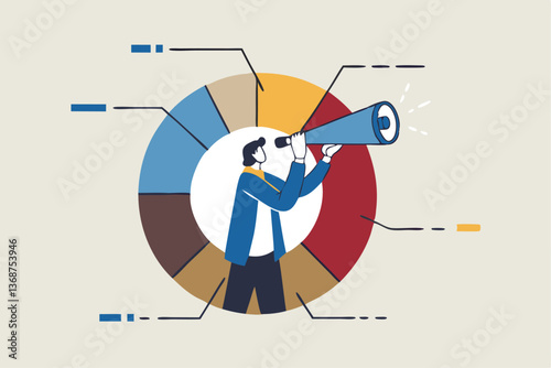 Marketing strategy, data analysis chart and graph, financial forecast or stock market diagram, research data or investment planning concept, businessman on pie chart looking thorough binoculars.