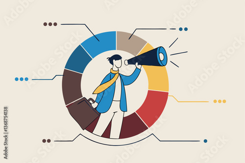 Marketing strategy, data analysis chart and graph, financial forecast or stock market diagram, research data or investment planning concept, businessman on pie chart looking thorough binoculars.
