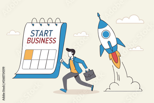 Start new business, quit full time job, startup launch company or product, begin innovative project, entrepreneur start small company concept, businessman launch rocket with calendar start date.