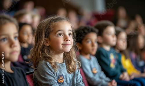 Group of elementary school students sitting in an auditorium during an assembly