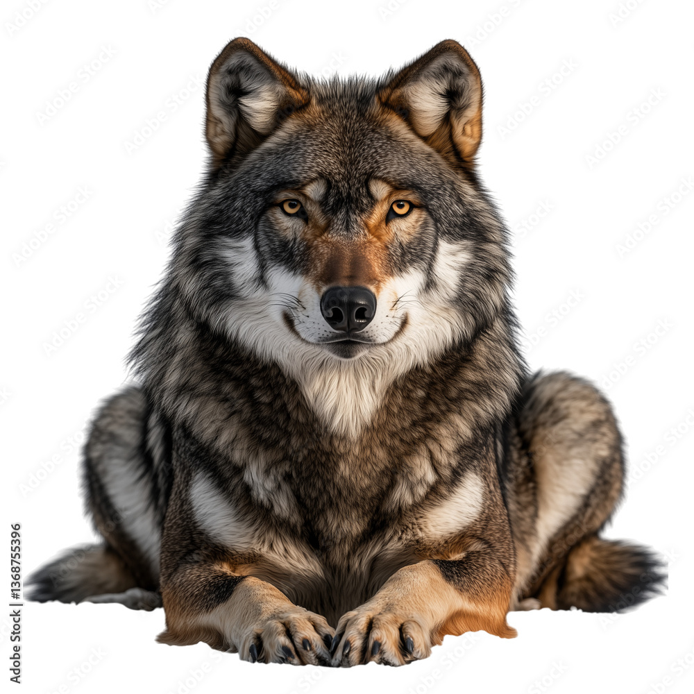 Fototapeta premium Lifelike Portrait of a Stoic Grey Wolf in a Serene Pose, Transparent Background