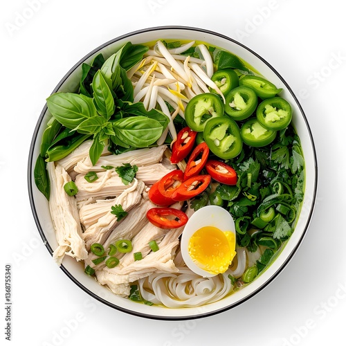Vietnamese pho soup with chicken, rice noodles, boiled egg, chili peppers, bean sprouts, herbs and green onions in a bowl. Studio food photography. Asian cuisine and traditional meal concept. 