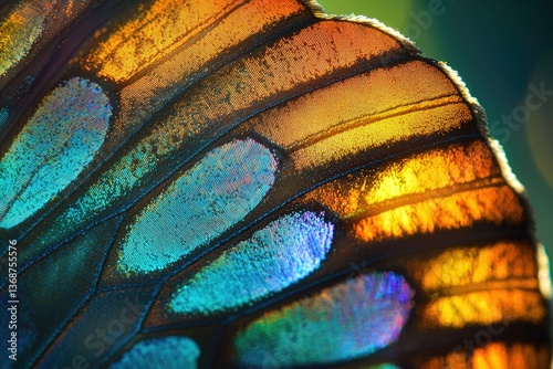 A macro shot reveals the intricate scales and vibrant iridescent colors on the delicate wing of a butterfly, illuminated by sunlight. photo