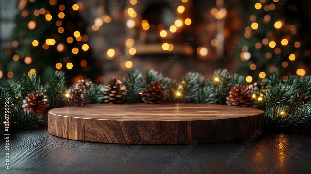 Festive holiday display with wooden platform, pinecones, and Christmas tree lights