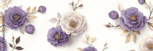 Beautiful decorative floral design featuring purple and cream flowers with gold accents on a soft background