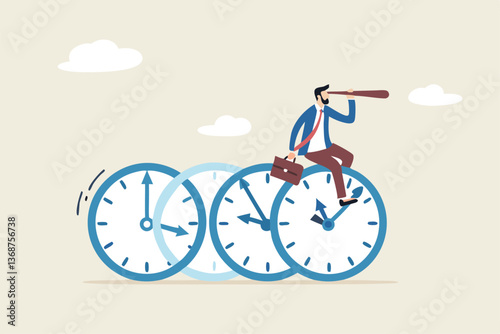 Time management, vision or effort to manage project and foresee problem or opportunity, work deadline or timer countdown, progress or development concept, businessman riding time passing clock.