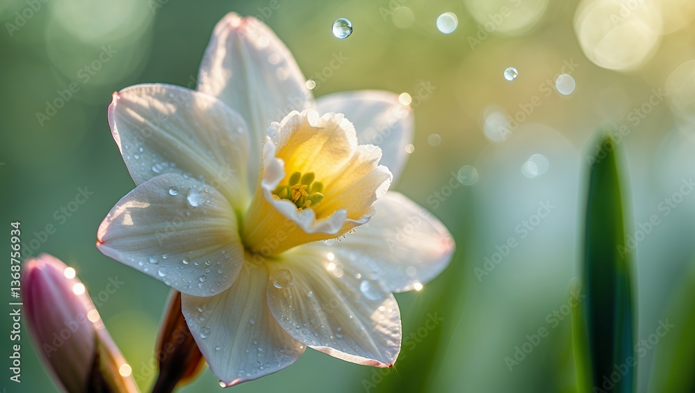 Fototapeta premium Close-up of a white daffodil with water droplets, sunlight, and green bokeh