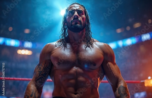 Muscular wrestler in the ring. Male athlete stands in stadium lights. Portrait of professional wrestler in the ring. Bodybuilder, combat sport, showman, entertainment industry.