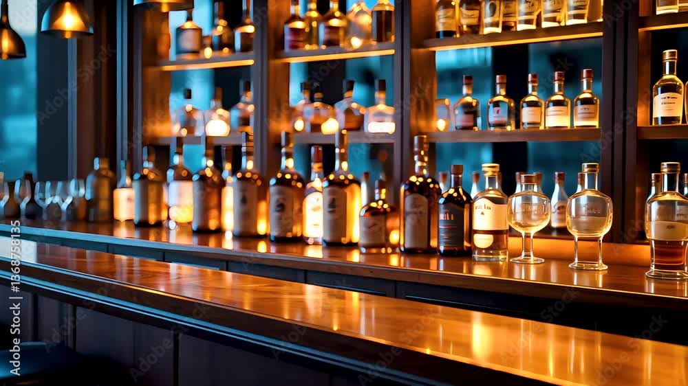 Modern bar with glowing liquor bottles on shelves and warm ambient lighting