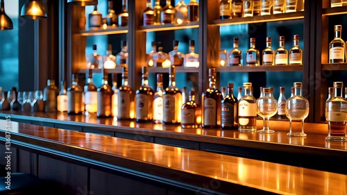 Modern bar with glowing liquor bottles on shelves and warm ambient lighting