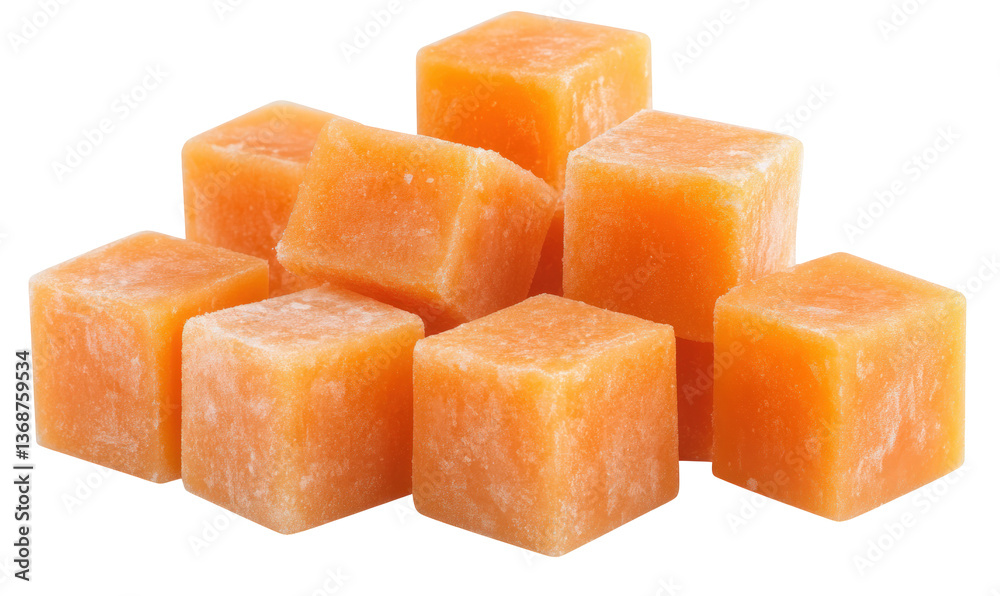 Pile of cubed mango fruit pieces on a transparent background Pile of cubed mango fruit pieces on a transparent background